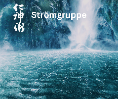 Wasserfall, Kanji Jin Shin Jyutsu in weiß,weißer Schriftzug Stroemgruppe